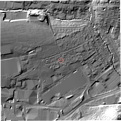Shaded relief map of the ground around BA202AZ, computed from Environment Agency LiDAR. The ground here sits at about 44 m above sea level and falls 21 m across the surrounding 800 m. Surface water reaching this point runs off ground lying to the north-west, 7.2 m higher.