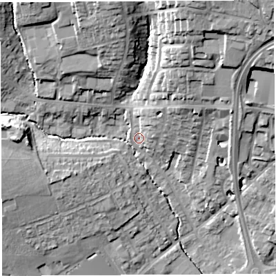 Shaded relief map of the ground around BA202BA, computed from Environment Agency LiDAR. The ground here sits at about 41 m above sea level and falls 30 m across the surrounding 800 m. Surface water reaching this point runs off ground lying to the north-east, 8.2 m higher.