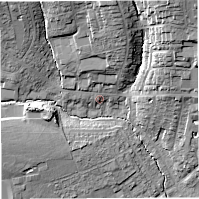 Shaded relief map of the ground around BA202BG, computed from Environment Agency LiDAR. The ground here sits at about 43 m above sea level and falls 33 m across the surrounding 800 m. Surface water reaching this point runs off ground lying to the north, 19.8 m higher.