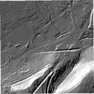 Shaded relief map of the ground around BA202BT, computed from Environment Agency LiDAR. The ground here sits at about 37 m above sea level and falls 58 m across the surrounding 800 m. Surface water reaching this point runs off ground lying to the north-east, 3.1 m higher.