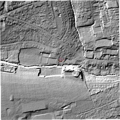 Shaded relief map of the ground around BA202DD, computed from Environment Agency LiDAR. The ground here sits at about 45 m above sea level and falls 28 m across the surrounding 800 m. Surface water reaching this point runs off ground lying to the north, 6.1 m higher.