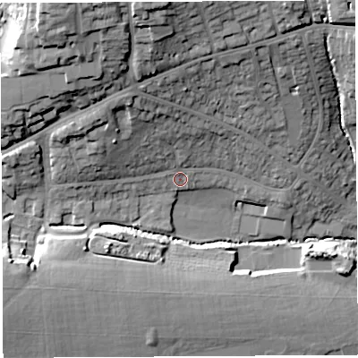 Shaded relief map of the ground around BA202DG, computed from Environment Agency LiDAR. The ground here sits at about 49 m above sea level and falls 31 m across the surrounding 800 m. Surface water reaching this point runs off ground lying to the north-north-west, 10.3 m higher.