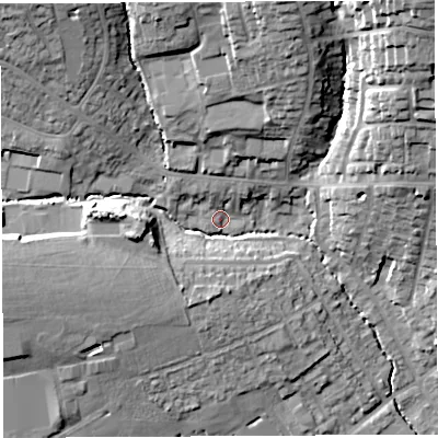 Shaded relief map of the ground around BA202DT, computed from Environment Agency LiDAR. The ground here sits at about 41 m above sea level and falls 30 m across the surrounding 800 m. Surface water reaching this point runs off ground lying to the north-west, 18.2 m higher.