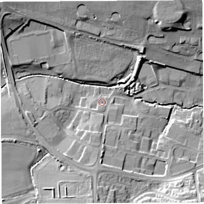 Shaded relief map of the ground around BA202EB, computed from Environment Agency LiDAR. The ground here sits at about 44 m above sea level and falls 18 m across the surrounding 800 m. Surface water reaching this point runs off ground lying to the south, 5.4 m higher.