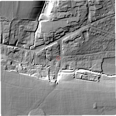 Shaded relief map of the ground around BA202ED, computed from Environment Agency LiDAR. The ground here sits at about 52 m above sea level and falls 27 m across the surrounding 800 m. Surface water reaching this point runs off ground lying to the north-east, 9.1 m higher.