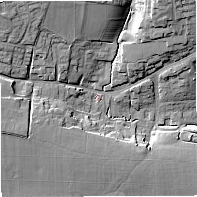 Shaded relief map of the ground around BA202EW, computed from Environment Agency LiDAR. The ground here sits at about 54 m above sea level and falls 26 m across the surrounding 800 m. Surface water reaching this point runs off ground lying to the north-west, 19.9 m higher.