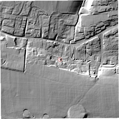 Shaded relief map of the ground around BA202FD, computed from Environment Agency LiDAR. The ground here sits at about 57 m above sea level and falls 23 m across the surrounding 800 m. Surface water reaching this point runs off ground lying to the west, 10.7 m higher.