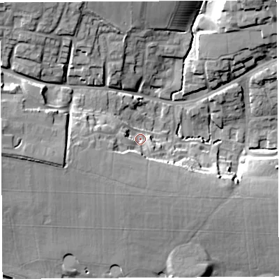 Shaded relief map of the ground around BA202FE, computed from Environment Agency LiDAR. The ground here sits at about 57 m above sea level and falls 24 m across the surrounding 800 m. Surface water reaching this point runs off ground lying to the west, 9.2 m higher.