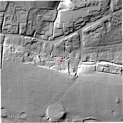 Shaded relief map of the ground around BA202FL, computed from Environment Agency LiDAR. The ground here sits at about 53 m above sea level and falls 22 m across the surrounding 800 m. Surface water reaching this point runs off ground lying to the north-west, 18.5 m higher.