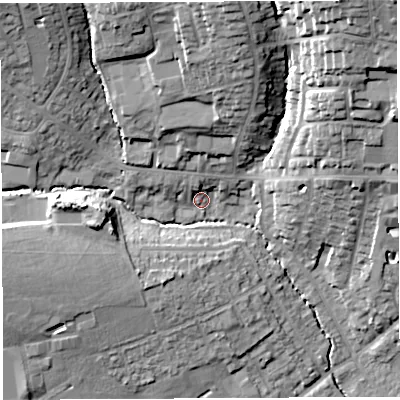 Shaded relief map of the ground around BA202FQ, computed from Environment Agency LiDAR. The ground here sits at about 41 m above sea level and falls 32 m across the surrounding 800 m. Surface water reaching this point runs off ground lying to the north-west, 19.0 m higher.
