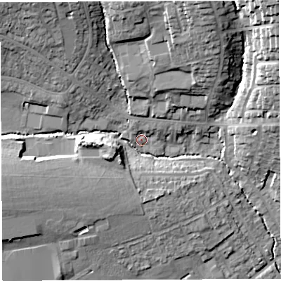 Shaded relief map of the ground around BA202GD, computed from Environment Agency LiDAR. The ground here sits at about 42 m above sea level and falls 32 m across the surrounding 800 m. Surface water reaching this point runs off ground lying to the north-west, 17.8 m higher.