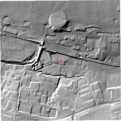 Shaded relief map of the ground around BA202HL, computed from Environment Agency LiDAR. The ground here sits at about 43 m above sea level and falls 21 m across the surrounding 800 m. Surface water reaching this point runs off ground lying to the west, 1.0 m higher.