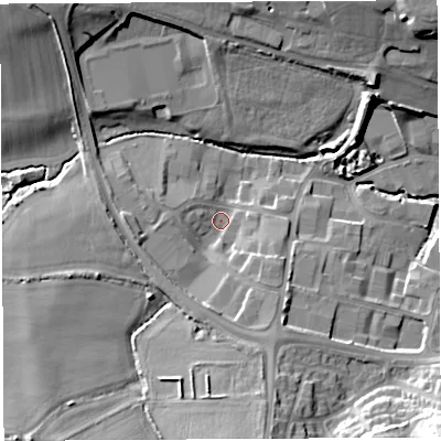 Shaded relief map of the ground around BA202HP, computed from Environment Agency LiDAR. The ground here sits at about 43 m above sea level and falls 19 m across the surrounding 800 m. Surface water reaching this point runs off ground lying to the south, 11.0 m higher.