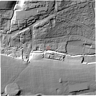 Shaded relief map of the ground around BA202HR, computed from Environment Agency LiDAR. The ground here sits at about 50 m above sea level and falls 26 m across the surrounding 800 m. Surface water reaching this point runs off ground lying to the south-west, 11.2 m higher.