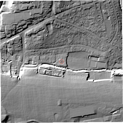 Shaded relief map of the ground around BA202HS, computed from Environment Agency LiDAR. The ground here sits at about 48 m above sea level and falls 27 m across the surrounding 800 m. Surface water reaching this point runs off ground lying to the north-north-west, 12.6 m higher.