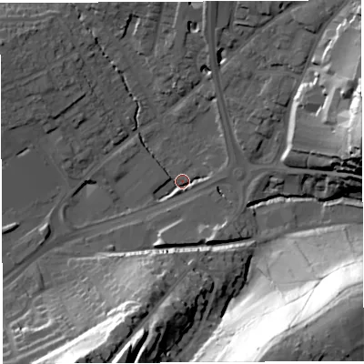 Shaded relief map of the ground around BA202JJ, computed from Environment Agency LiDAR. The ground here sits at about 36 m above sea level and falls 57 m across the surrounding 800 m. Surface water reaching this point runs off ground lying to the south-south-west, 4.9 m higher.