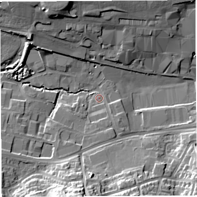Shaded relief map of the ground around BA202PJ, computed from Environment Agency LiDAR. The ground here sits at about 42 m above sea level and falls 23 m across the surrounding 800 m. Surface water reaching this point runs off ground lying to the south-south-west, 5.4 m higher.
