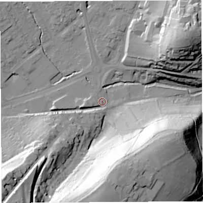 Shaded relief map of the ground around BA202QH, computed from Environment Agency LiDAR. The ground here sits at about 37 m above sea level and falls 58 m across the surrounding 800 m. Surface water reaching this point runs off ground lying to the south-west, 45.1 m higher.