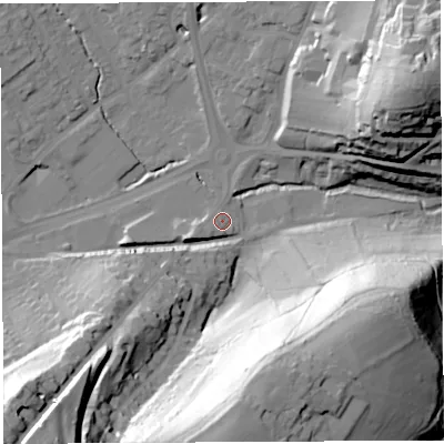 Shaded relief map of the ground around BA202QN, computed from Environment Agency LiDAR. The ground here sits at about 38 m above sea level and falls 58 m across the surrounding 800 m. Surface water reaching this point runs off ground lying to the south-west, 4.5 m higher.