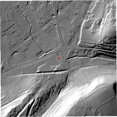 Shaded relief map of the ground around BA202QU, computed from Environment Agency LiDAR. The ground here sits at about 37 m above sea level and falls 58 m across the surrounding 800 m. Surface water reaching this point runs off ground lying to the south-south-west, 8.3 m higher.