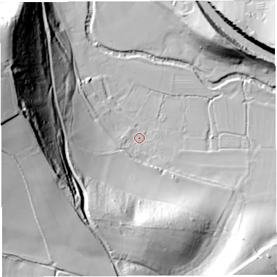 Shaded relief map of the ground around BA202RX, computed from Environment Agency LiDAR. The ground here sits at about 33 m above sea level and falls 79 m across the surrounding 800 m. Surface water reaching this point runs off ground lying to the south-south-west, 46.2 m higher.