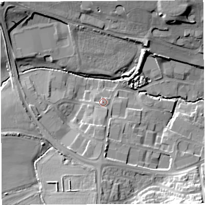 Shaded relief map of the ground around BA202SU, computed from Environment Agency LiDAR. The ground here sits at about 45 m above sea level and falls 20 m across the surrounding 800 m. Surface water reaching this point runs off ground lying to the south-south-east, 1.6 m higher.