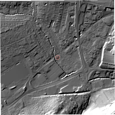 Shaded relief map of the ground around BA202TL, computed from Environment Agency LiDAR. The ground here sits at about 36 m above sea level and falls 50 m across the surrounding 800 m. Surface water reaching this point runs off ground lying to the west-north-west, 9.1 m higher.
