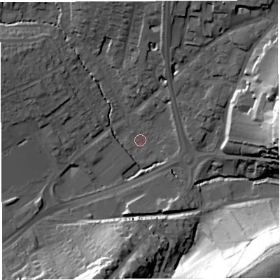 Shaded relief map of the ground around BA202TN, computed from Environment Agency LiDAR. The ground here sits at about 36 m above sea level and falls 53 m across the surrounding 800 m. Surface water reaching this point runs off ground lying to the south-west, 2.1 m higher.