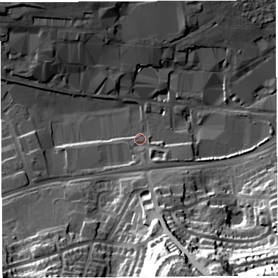 Shaded relief map of the ground around BA202YB, computed from Environment Agency LiDAR. The ground here sits at about 40 m above sea level and falls 42 m across the surrounding 800 m. Surface water reaching this point runs off ground lying to the south-east, 4.1 m higher.