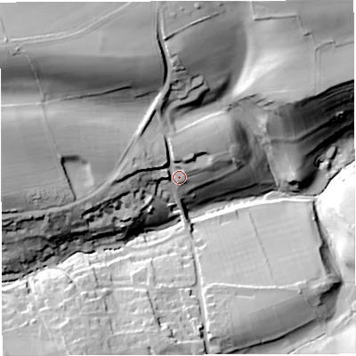 Shaded relief map of the ground around BA20DA, computed from Environment Agency LiDAR. The ground here sits at about 116 m above sea level and falls 56 m across the surrounding 800 m. Surface water reaching this point runs off ground lying to the north-west, 31.3 m higher.