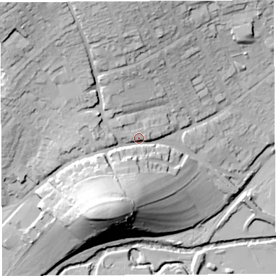 Shaded relief map of the ground around BA214HP, computed from Environment Agency LiDAR. The ground here sits at about 50 m above sea level and falls 50 m across the surrounding 800 m. Surface water reaching this point runs off ground lying to the south-south-west, 27.6 m higher.