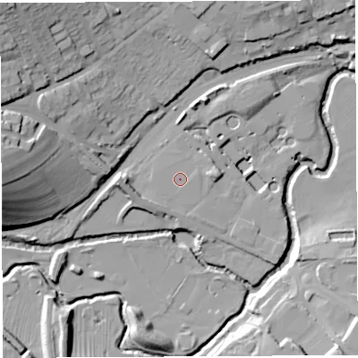 Shaded relief map of the ground around BA215BA, computed from Environment Agency LiDAR. The ground here sits at about 30 m above sea level and falls 31 m across the surrounding 800 m. The ground contributing surface water to this point lies to the west.