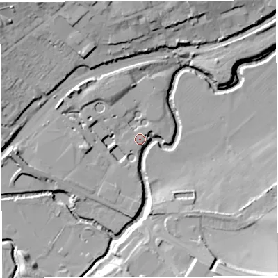 Shaded relief map of the ground around BA215BG, computed from Environment Agency LiDAR. The ground here sits at about 29 m above sea level and falls 23 m across the surrounding 800 m. Surface water reaching this point runs off ground lying to the north-west, 5.6 m higher.