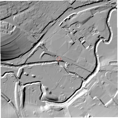 Shaded relief map of the ground around BA215BJ, computed from Environment Agency LiDAR. The ground here sits at about 29 m above sea level and falls 32 m across the surrounding 800 m. Surface water reaching this point runs off ground lying to the north-west, 11.2 m higher.
