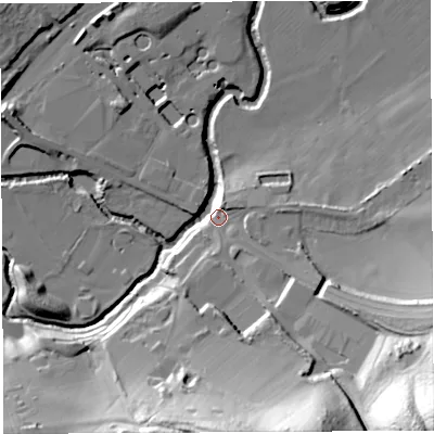 Shaded relief map of the ground around BA215BQ, computed from Environment Agency LiDAR. The ground here sits at about 31 m above sea level and falls 56 m across the surrounding 800 m. Surface water reaching this point runs off ground lying to the south-east, 54.6 m higher.