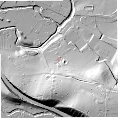 Shaded relief map of the ground around BA215BW, computed from Environment Agency LiDAR. The ground here sits at about 40 m above sea level and falls 66 m across the surrounding 800 m. Surface water reaching this point runs off ground lying to the south-east, 50.6 m higher.