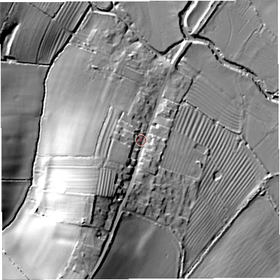 Shaded relief map of the ground around BA215TE, computed from Environment Agency LiDAR. The ground here sits at about 28 m above sea level and falls 27 m across the surrounding 800 m. Surface water reaching this point runs off ground lying to the south-south-west, 20.3 m higher.
