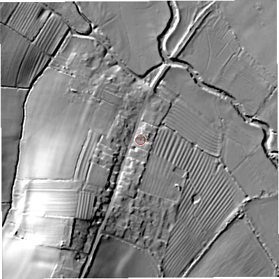 Shaded relief map of the ground around BA215TF, computed from Environment Agency LiDAR. The ground here sits at about 25 m above sea level and falls 27 m across the surrounding 800 m. Surface water reaching this point runs off ground lying to the south-south-west, 22.7 m higher.