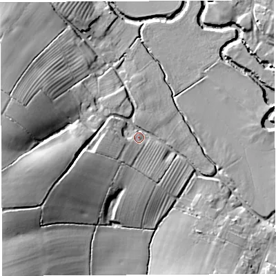 Shaded relief map of the ground around BA215TJ, computed from Environment Agency LiDAR. The ground here sits at about 25 m above sea level and falls 29 m across the surrounding 800 m. Surface water reaching this point runs off ground lying to the west-south-west, 20.0 m higher.