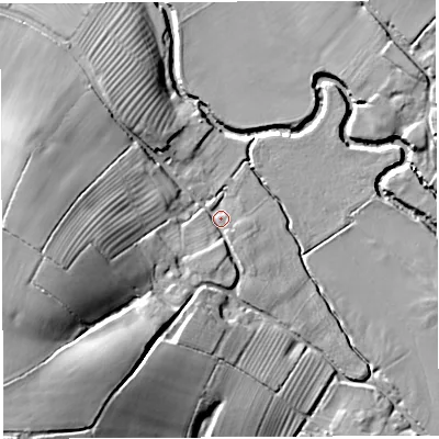 Shaded relief map of the ground around BA215TL, computed from Environment Agency LiDAR. The ground here sits at about 22 m above sea level and falls 29 m across the surrounding 800 m. Surface water reaching this point runs off ground lying to the south-west, 25.5 m higher.