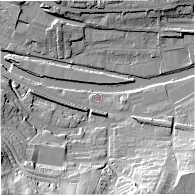 Shaded relief map of the ground around BA21AZ, computed from Environment Agency LiDAR. The ground here sits at about 19 m above sea level and falls 59 m across the surrounding 800 m. Surface water reaching this point runs off ground lying to the east-south-east, 2.2 m higher.