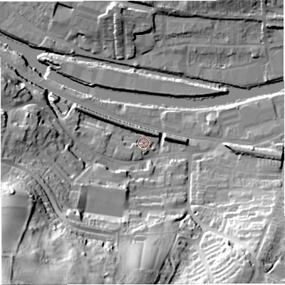 Shaded relief map of the ground around BA21BL, computed from Environment Agency LiDAR. The ground here sits at about 21 m above sea level and falls 83 m across the surrounding 800 m. Surface water reaching this point runs off ground lying to the west, 16.9 m higher.