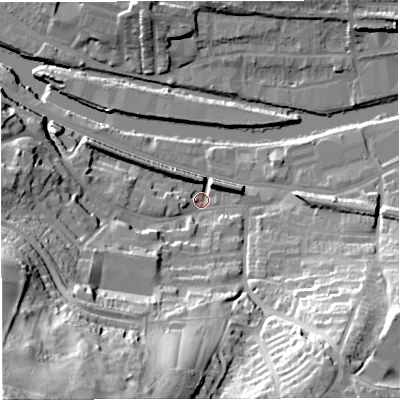 Shaded relief map of the ground around BA21DH, computed from Environment Agency LiDAR. The ground here sits at about 20 m above sea level and falls 84 m across the surrounding 800 m. Surface water reaching this point runs off ground lying to the south-west, 78.7 m higher.