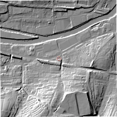 Shaded relief map of the ground around BA21EN, computed from Environment Agency LiDAR. The ground here sits at about 20 m above sea level and falls 42 m across the surrounding 800 m. Surface water reaching this point runs off ground lying to the south, 32.8 m higher.