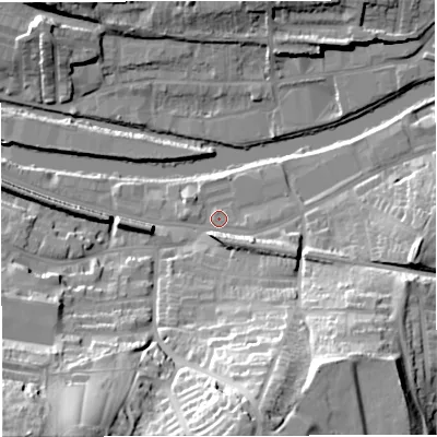 Shaded relief map of the ground around BA21EP, computed from Environment Agency LiDAR. The ground here sits at about 20 m above sea level and falls 51 m across the surrounding 800 m. Surface water reaching this point runs off ground lying to the east, 1.6 m higher.