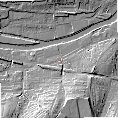 Shaded relief map of the ground around BA21ES, computed from Environment Agency LiDAR. The ground here sits at about 20 m above sea level and falls 39 m across the surrounding 800 m. Surface water reaching this point runs off ground lying to the south, 31.3 m higher.