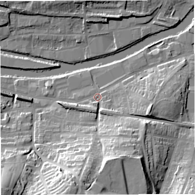 Shaded relief map of the ground around BA21EY, computed from Environment Agency LiDAR. The ground here sits at about 20 m above sea level and falls 40 m across the surrounding 800 m. Surface water reaching this point runs off ground lying to the south, 32.1 m higher.
