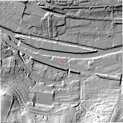 Shaded relief map of the ground around BA21FB, computed from Environment Agency LiDAR. The ground here sits at about 18 m above sea level and falls 66 m across the surrounding 800 m. The ground contributing surface water to this point lies to the east-south-east.