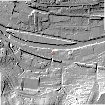 Shaded relief map of the ground around BA21FD, computed from Environment Agency LiDAR. The ground here sits at about 19 m above sea level and falls 61 m across the surrounding 800 m. Surface water reaching this point runs off ground lying to the south-east, 34.4 m higher.