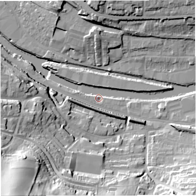 Shaded relief map of the ground around BA21HB, computed from Environment Agency LiDAR. The ground here sits at about 18 m above sea level and falls 64 m across the surrounding 800 m. Surface water reaching this point runs off ground lying to the east, 5.2 m higher.